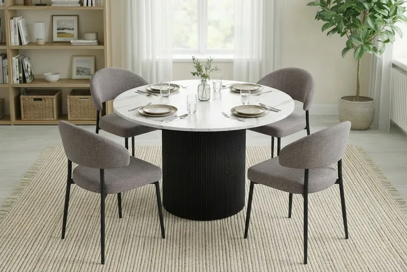 Uppveda Spisebord 120 cm Rundt Sort med 4 Sawako Greige Stole - Sort/Hvid/Greige - Møbler - Borde - Spisebordssæt