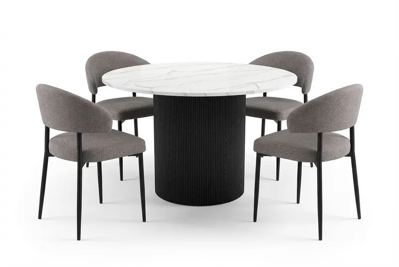 Uppveda Spisebord 120 cm Rundt Sort med 4 Sawako Greige Stole - Sort/Hvid/Greige - Møbler - Borde - Spisebordssæt