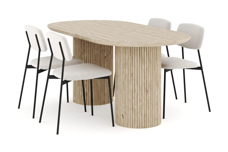 Uppveda Spisebord 180 cm Oval Travertin med 4 Lowe Spisebordsstole - Travertin - Møbler - Borde - Spisebordssæt