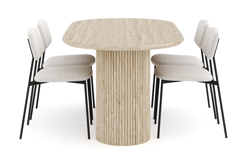 Uppveda Spisebord 180 cm Oval Travertin med 4 Lowe Spisebordsstole - Travertin - Møbler - Borde - Spisebordssæt