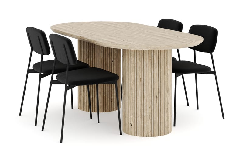 Uppveda Spisebord 180 cm Oval Travertin med 4 Lowe Spisebordsstole - Travertin - Møbler - Borde - Spisebordssæt