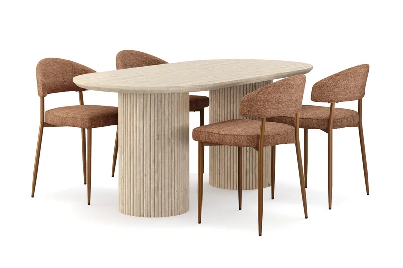 Uppveda Spisebord med travertin-look med 4 stk. Jairam Spisebordsstole, Beige