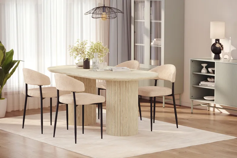 Uppveda Spisebord med travertin-look med 4 stk. Jairam Spisebordsstole - Beige - Møbler - Borde - Spisebordssæt