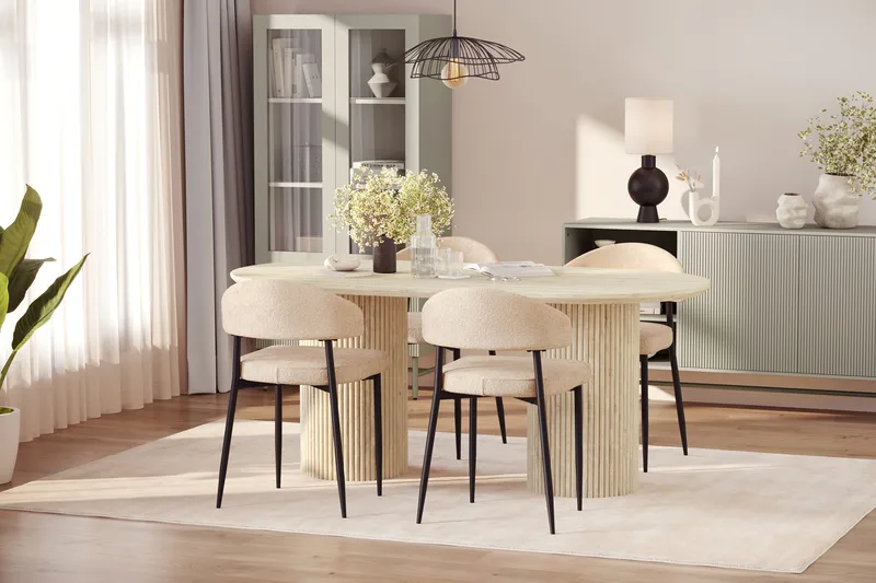 Uppveda Spisebord med travertin-look med 4 stk. Jairam Spisebordsstole - Beige - Møbler - Borde - Spisebordssæt