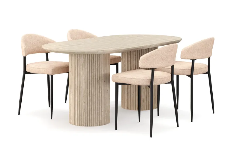 Uppveda Spisebord med travertin-look med 4 stk. Jairam Spisebordsstole, Beige