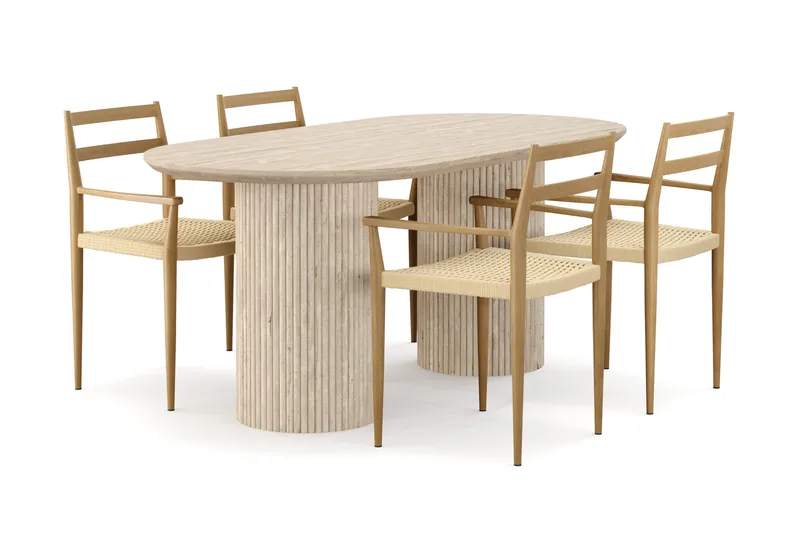 Uppveda Spisebord med travertin-look med 4 stk. Jamna Armlænssstole, Beige