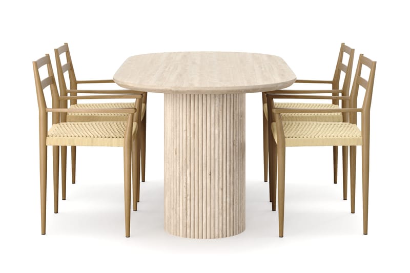 Uppveda Spisebord med travertin-look med 4 stk. Jamna Armlænssstole - Beige - Møbler - Borde - Spisebordssæt
