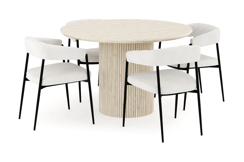 Uppveda Spisegruppe 120 cm Rund med 4 Ayana Spisestole, Travertin