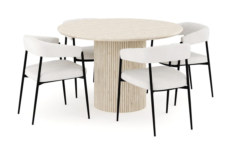 Uppveda Spisegruppe 120 cm Rund med 4 Ayana Spisestole, Travertin