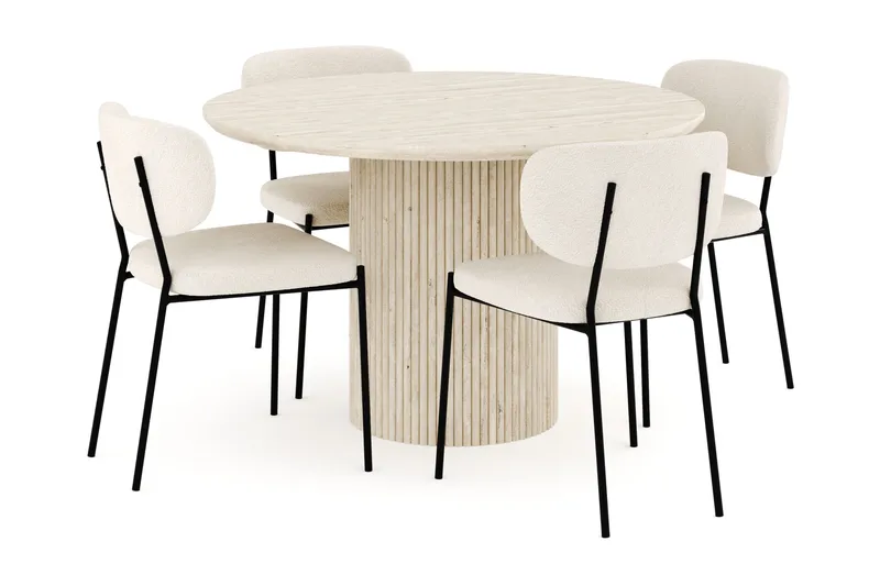 Uppveda Spisegruppe 120 cm Rund med 4 Gemmiano Spisestole, Travertin