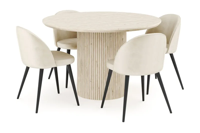Uppveda Spisegruppe 120 cm Rund med 4 Valeri Fløjlsstole, Travertin