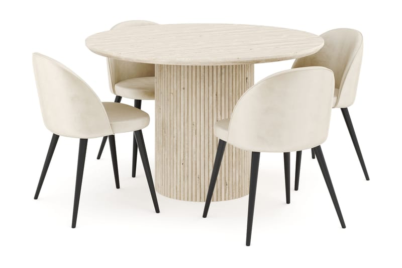 Uppveda Spisegruppe 120 cm Rund med 4 Valeri Fløjlsstole, Travertin