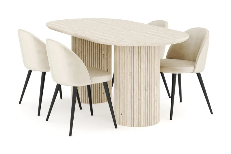 Uppveda Spisegruppe 180 cm Oval med 4 Valeri Fløjlsstole, Travertin