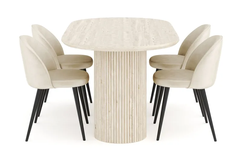 Uppveda Spisegruppe 180 cm Oval med 4 Valeri Fløjlsstole - Travertin - Møbler - Borde - Spisebordssæt
