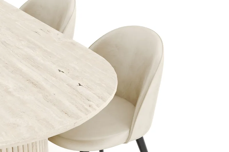 Uppveda Spisegruppe 180 cm Oval med 4 Valeri Fløjlsstole - Travertin - Møbler - Borde - Spisebordssæt