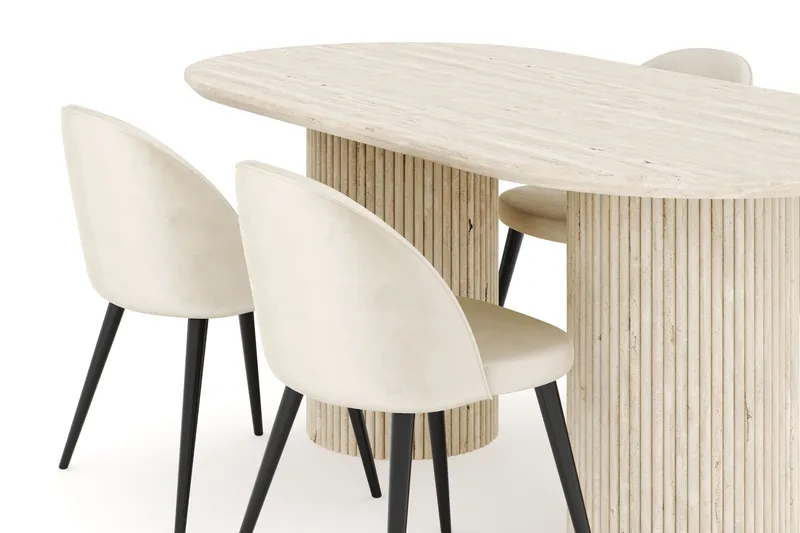 Uppveda Spisegruppe 180 cm Oval med 4 Valeri Fløjlsstole - Travertin - Møbler - Borde - Spisebordssæt