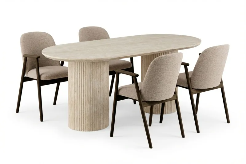 Uppveda Spisegruppe 180 cm Oval Travertin med 4 Reciclar Spisestole, Travertin/Greige