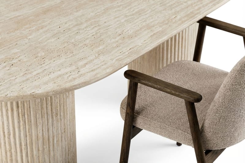 Uppveda Spisegruppe 180 cm Oval Travertin med 4 Reciclar Spisestole - Travertin/Greige - Møbler - Borde - Spisebordssæt
