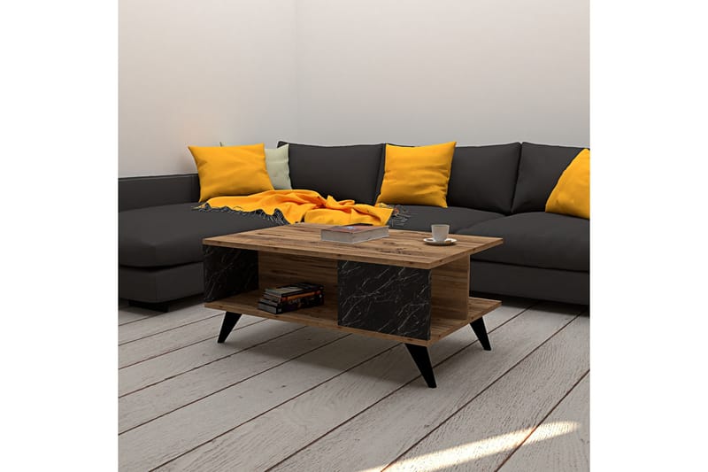 Vainode Sofabord 90 cm med Opbevaringshylde Marmormønster - Valnøddebrun/Sort - Sofabord