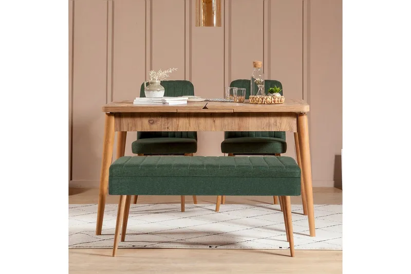 Valsot Spisegruppe 129 cm Rektangulær - Natur/Grøn - Møbler - Borde - Spisebordssæt