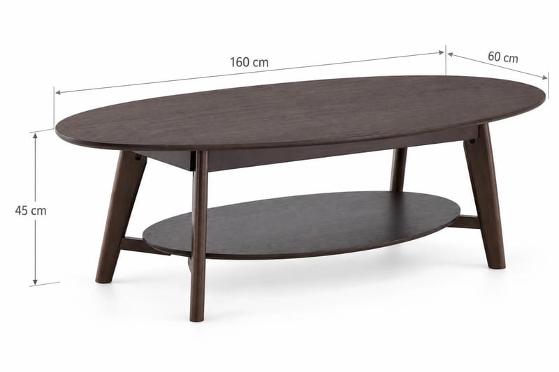 Velo Ovalt Sofabord med Hylde 160x60 cm med Træ- og Røget Eg-udseende - Røget eg - Møbler - Borde - Sofabord