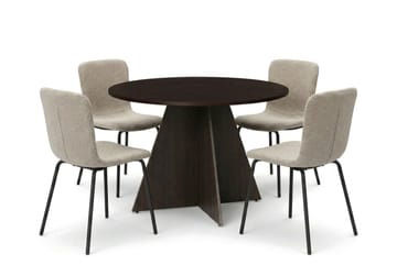 Vera Rund Spisebordssæt 110 cm – Spisebord med 4 Katy Spisestole med Træ- og Røget Eg-udseende - Mørkebrun - Møbler - Borde - Spisebordssæt