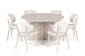 Vera spisegruppe 130 cm rund hvidlaseret med 6 Eira spisebordsstole - Hvidbejdset eg - Møbler - Borde - Spisebordssæt