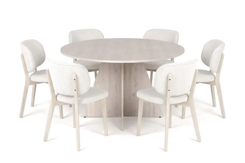 Vera spisegruppe 130 cm rund hvidlaseret med 6 Eira spisebordsstole, Hvidbejdset eg