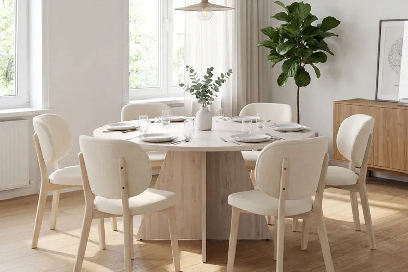 Vera spisegruppe 130 cm rund hvidlaseret med 6 Eira spisebordsstole - Hvidbejdset eg - Møbler - Borde - Spisebordssæt