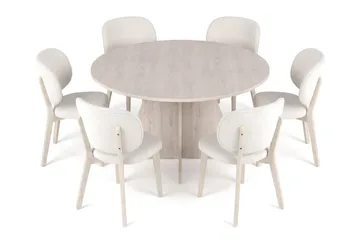 Vera spisegruppe 130 cm rund hvidlaseret med 6 Eira spisebordsstole - Hvidbejdset eg - Møbler - Borde - Spisebordssæt
