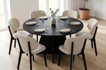 Vera spisegruppe 130 cm rund i sort med 6 Eira spisebordsstole - Sortbejdset eg - Møbler - Borde - Spisebordssæt