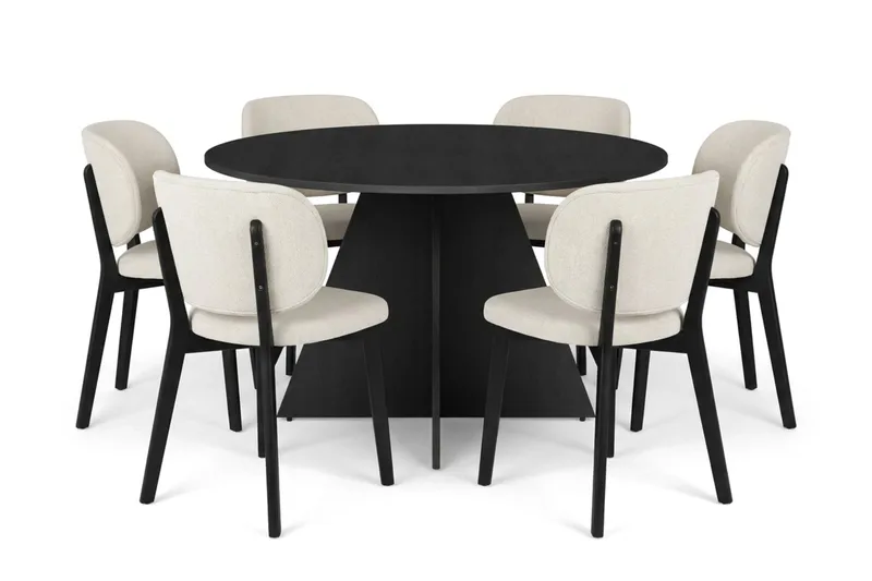 Vera spisegruppe 130 cm rund i sort med 6 Eira spisebordsstole, Sortbejdset eg
