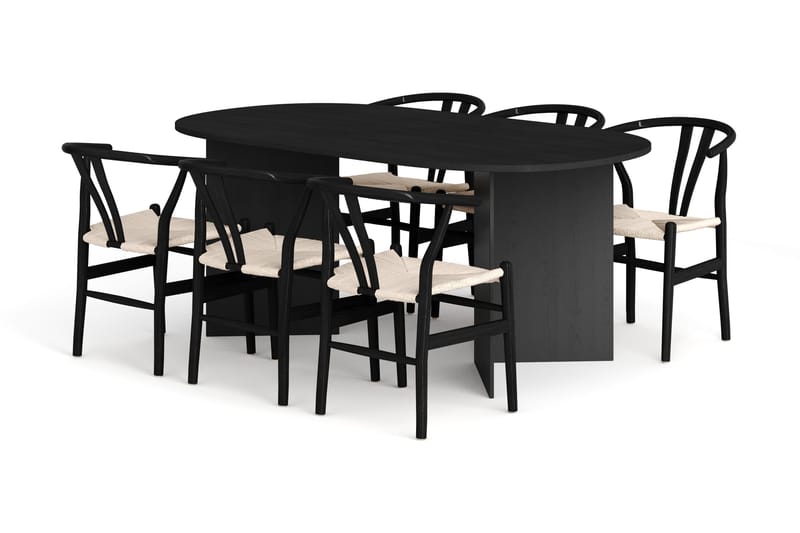 Vera spisegruppe rektangulær 180 cm sort med 6 Dastoori spisestole, Sort