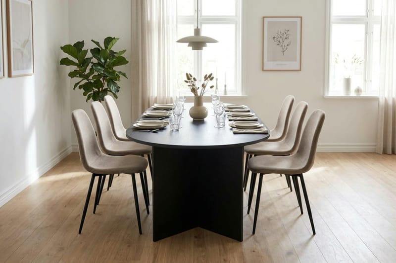 Vera spisegruppe rektangulær 180 cm sort med 6 Nibe spisestole - Sort - Møbler - Borde - Spisebordssæt