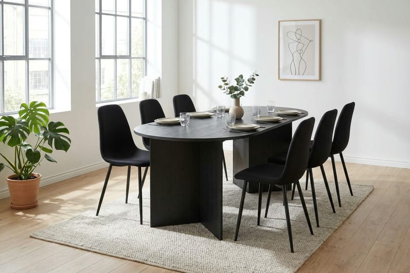 Vera spisegruppe rektangulær 180 cm sort med 6 Nibe spisestole - Sortbejdset eg - Møbler - Borde - Spisebordssæt