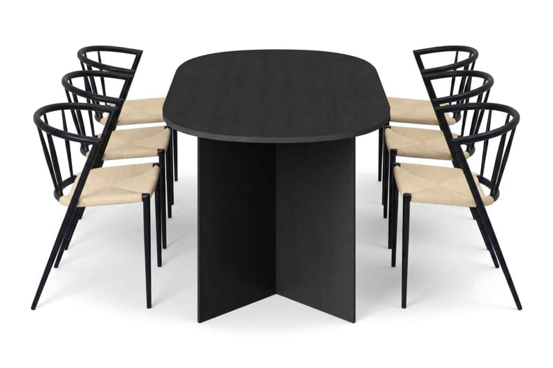Vera spisegruppe rektangulær 180 cm sort med 6 Winston spisestole, Sort