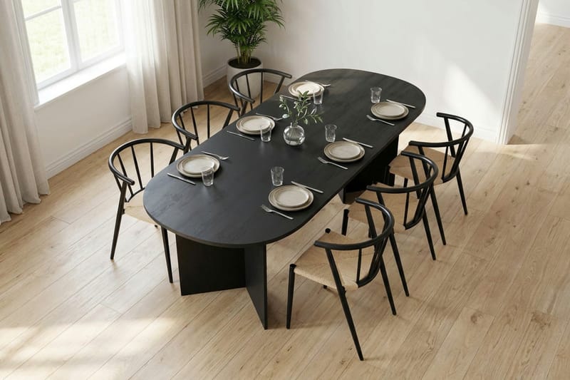 Vera spisegruppe rektangulær 180 cm sort med 6 Winston spisestole - Sort - Møbler - Borde - Spisebordssæt