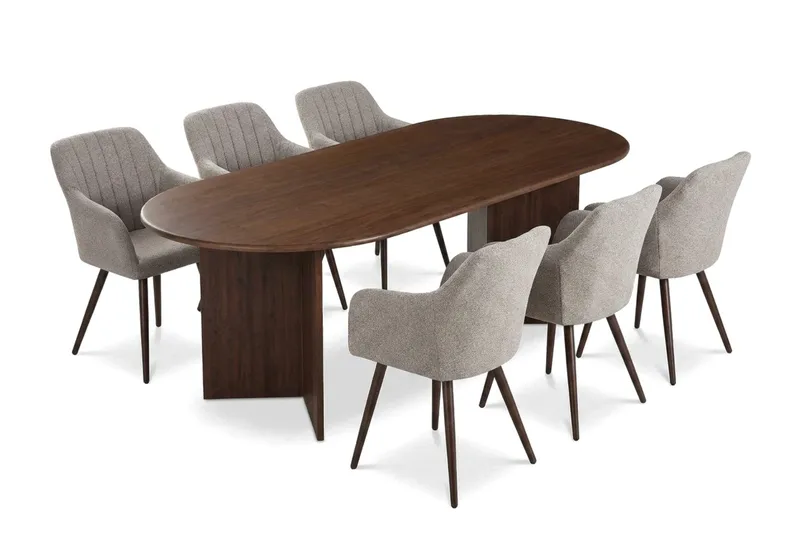 Vera spisegruppe rektangulær 180 cm valnød med 6 Filippa spisebordsstole, Valnød
