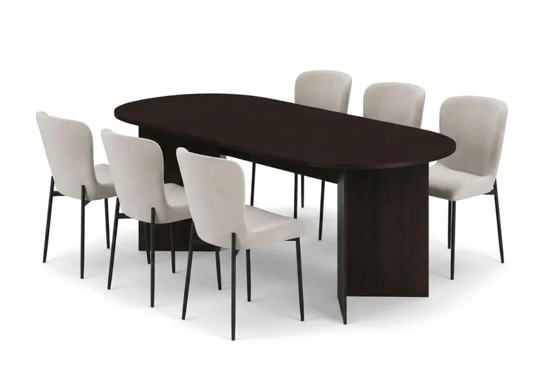 Vera spisegruppe rektangulær 220 cm røget eg med 6 Elsie spisestole, Røget eg/Beige