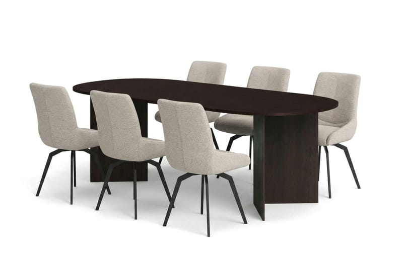 Vera spisegruppe rektangulær 220 cm røget eg med 6 Mora spisestole, Røget eg