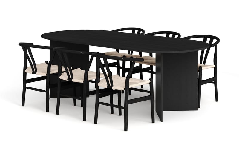 Vera spisegruppe rektangulær 220 cm sort med 6 Dastoori spisebordsstole, Sortbejdset eg