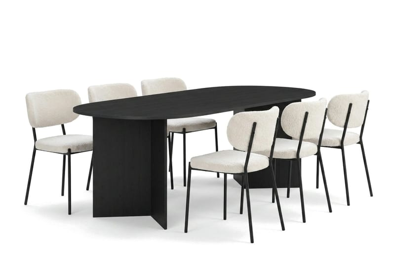 Vera spisegruppe rektangulær 220 cm sort med 6 Gemmiano spisebordsstole, Sortbejdset eg