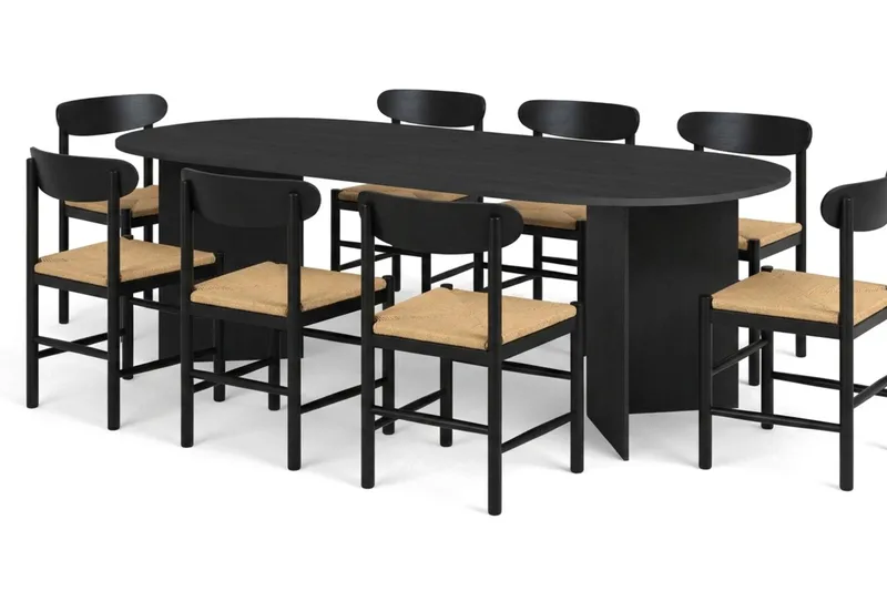 Vera spisegruppe rektangulær 220 cm sort med 6 Malte spisestole, Sortbejdset eg