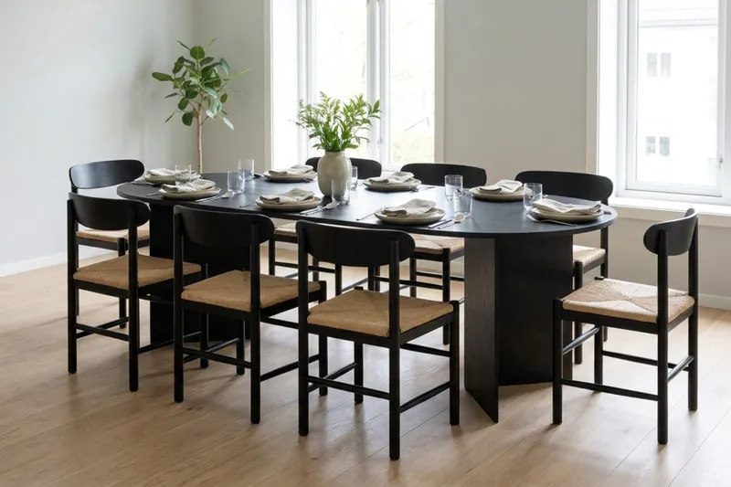 Vera spisegruppe rektangulær 220 cm sort med 6 Malte spisestole - Sortbejdset eg - Møbler - Borde - Spisebordssæt