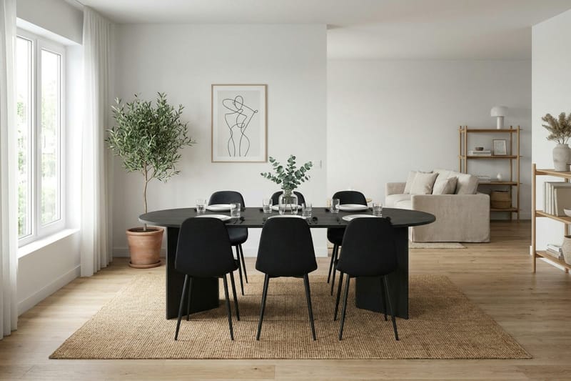Vera spisegruppe rektangulær 220 cm sort med 6 Nibe spisebordsstole - Sort - Møbler - Borde - Spisebordssæt