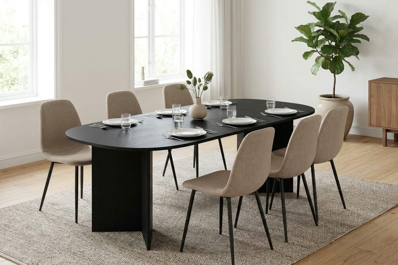 Vera spisegruppe rektangulær 220 cm sort med 6 Nibe spisebordsstole - Sort - Møbler - Borde - Spisebordssæt