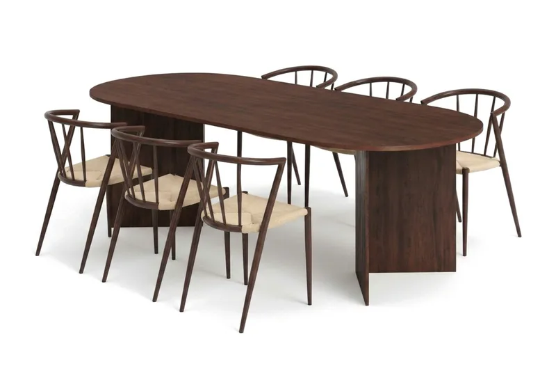 Vera spisegruppe rektangulær 220 cm valnød med 6 Winston spisebordsstole, Valnød