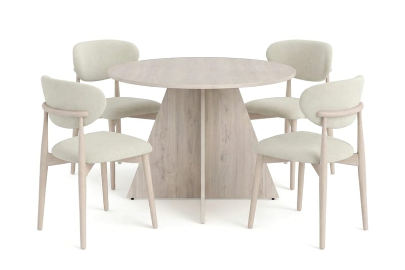 Vera spisegruppe rund 110 cm hvidlakeret med 4 Molly spisestole, Hvidbejdset eg
