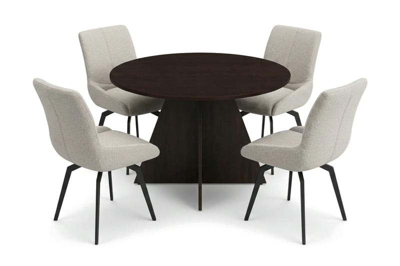 Vera spisegruppe rund 110 cm røget eg med 4 Mora spisebordsstole, Røget eg