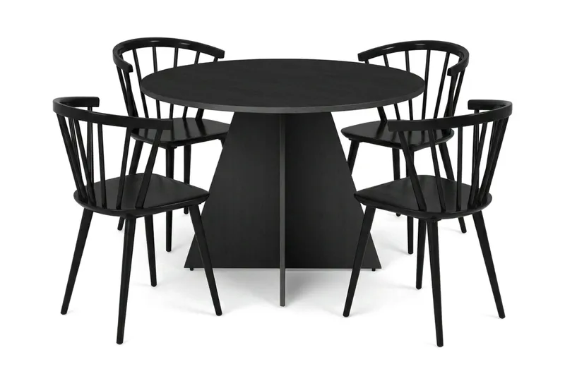 Vera spisegruppe rund 110 cm sort med 4 Tyrö spisebordsstole, Sort
